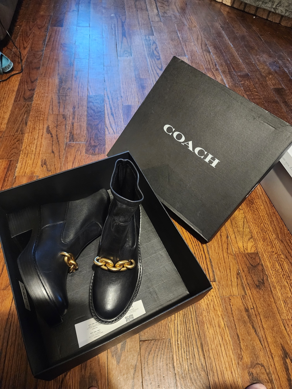 COACH Black Leather Chain-Trim Ankle Boots